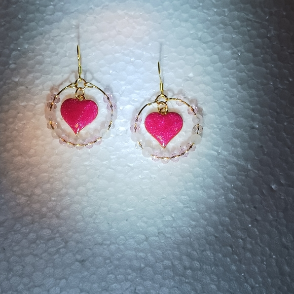 Earrings pink enameled heart charm,clear and pink crystals. - Picture 2 of 6